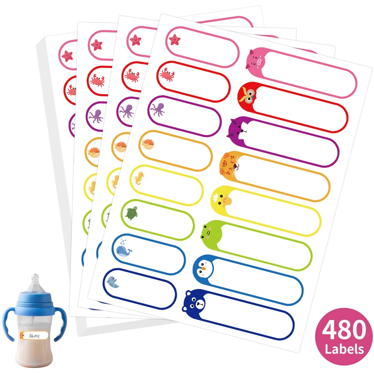 A stack of 30 sheets holding 480 animal-themed self-laminating labels in multiple colours
