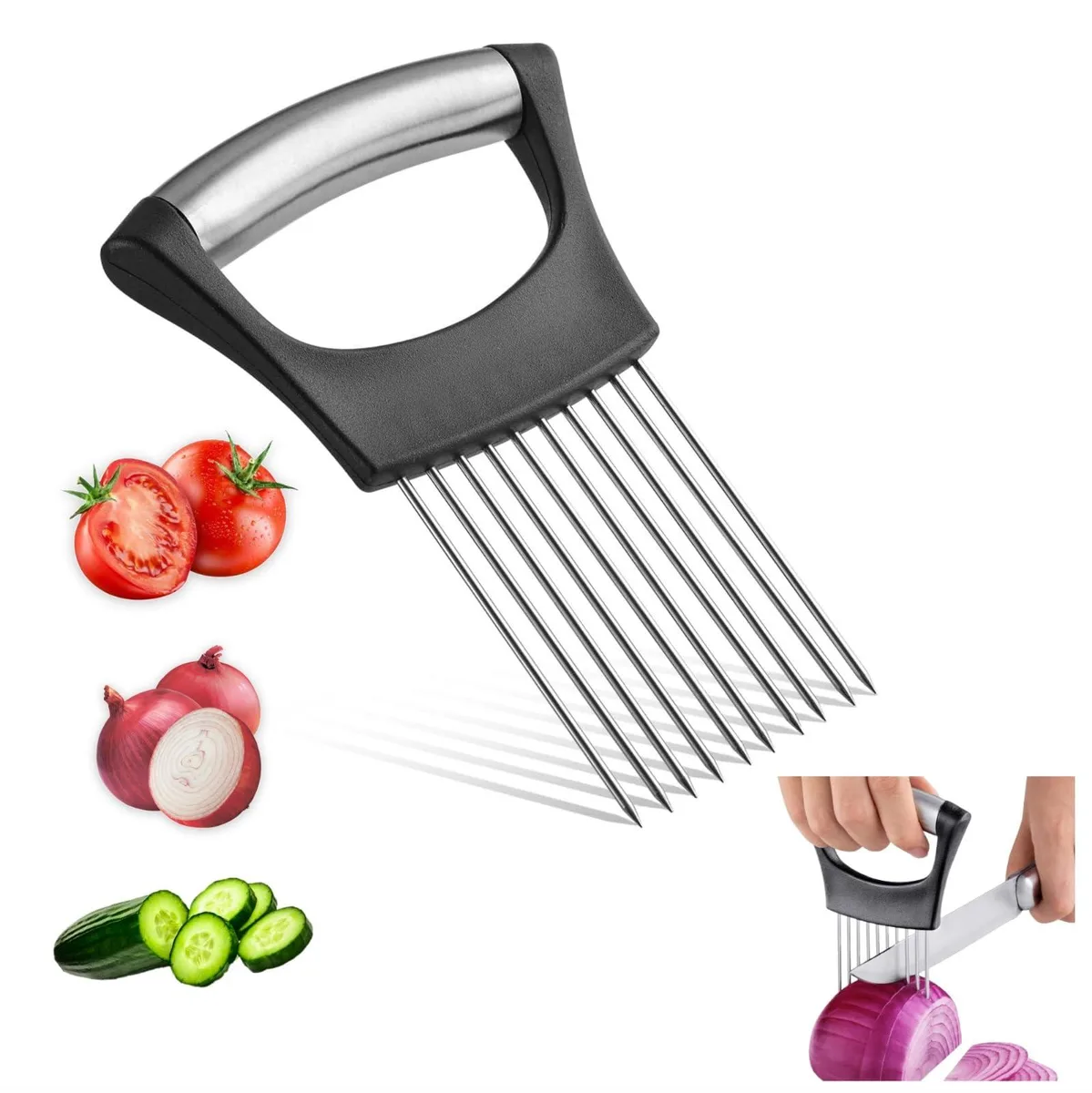 Silver stainless steel onion slicer holder with ergonomic grip and spikes for securing food while cutting