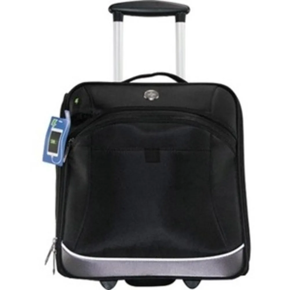 Black underseat luggage, rectangular EVA shell, padded laptop pocket, USB port, 14 inch height