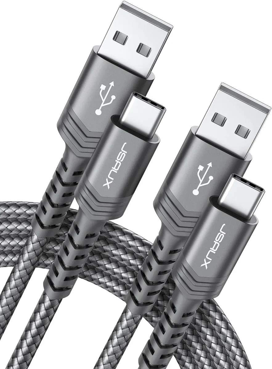 Two grey nylon-braided USB-C to USB-A cables coiled together