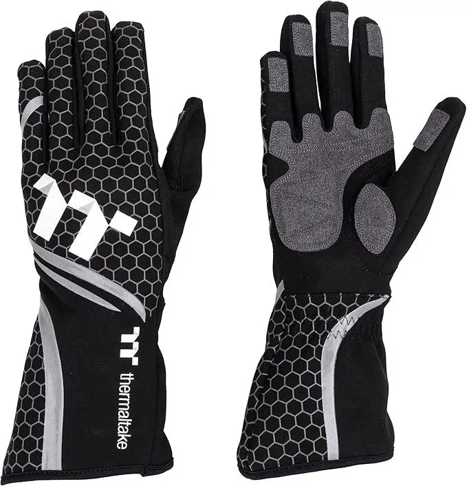 Black form-fitting sim racing gloves with anti-slip palm and touchscreen fingertips