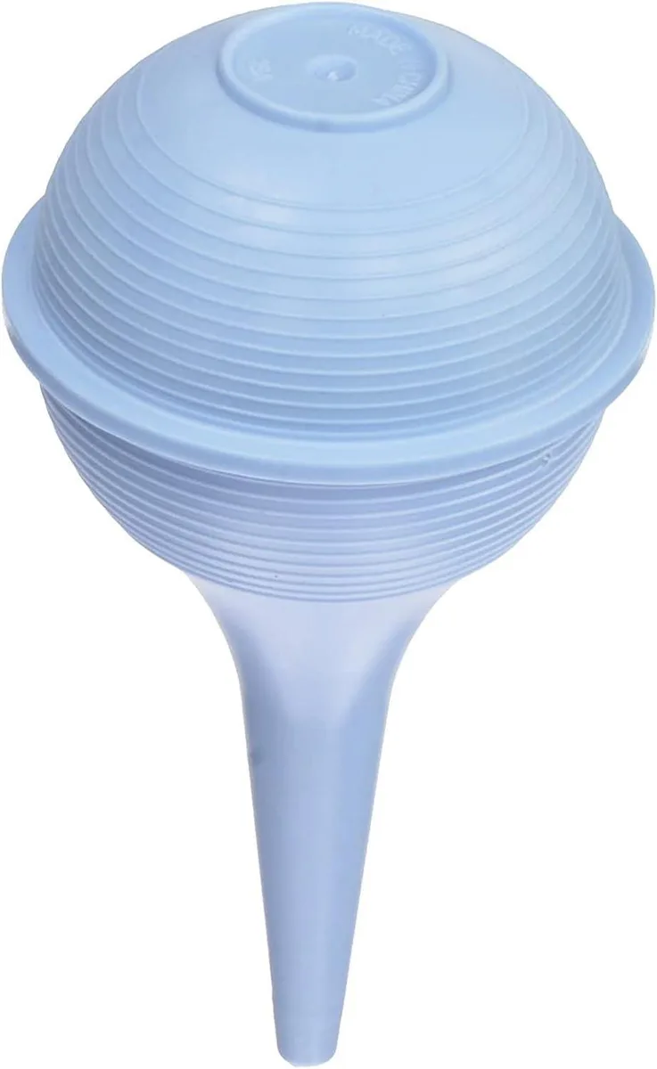 Blue rubber bulb syringe with tapered tip