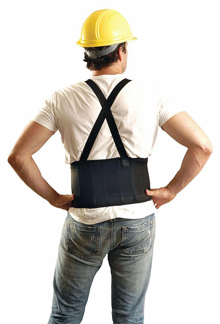 Black spandex back support with detachable suspenders and hook-and-loop closure
