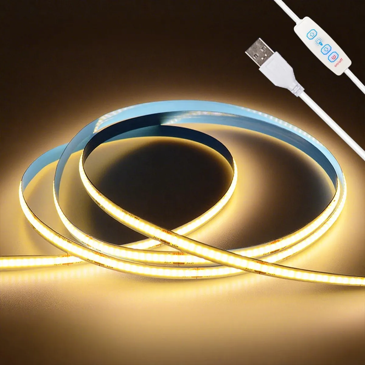 White COB LED strip on a reel, 6.56ft flexible length with USB plug and push-button controller