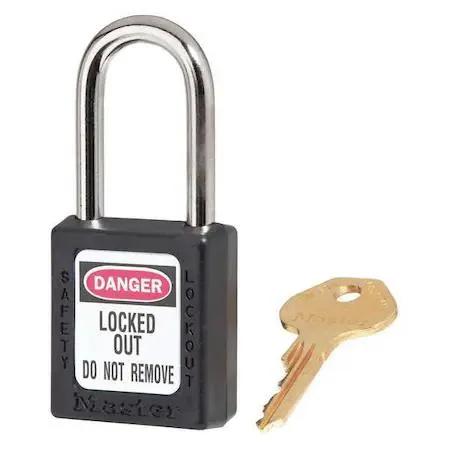 Black thermoplastic lockout padlock with metal shackle and keyed alike cylinder