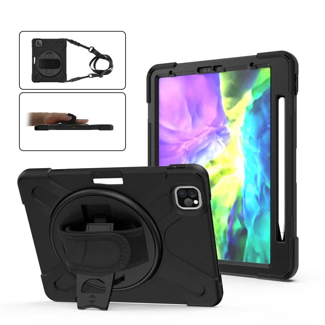 Rugged tri-layer iPad Pro 12.9 case with 360 kickstand and hand strap