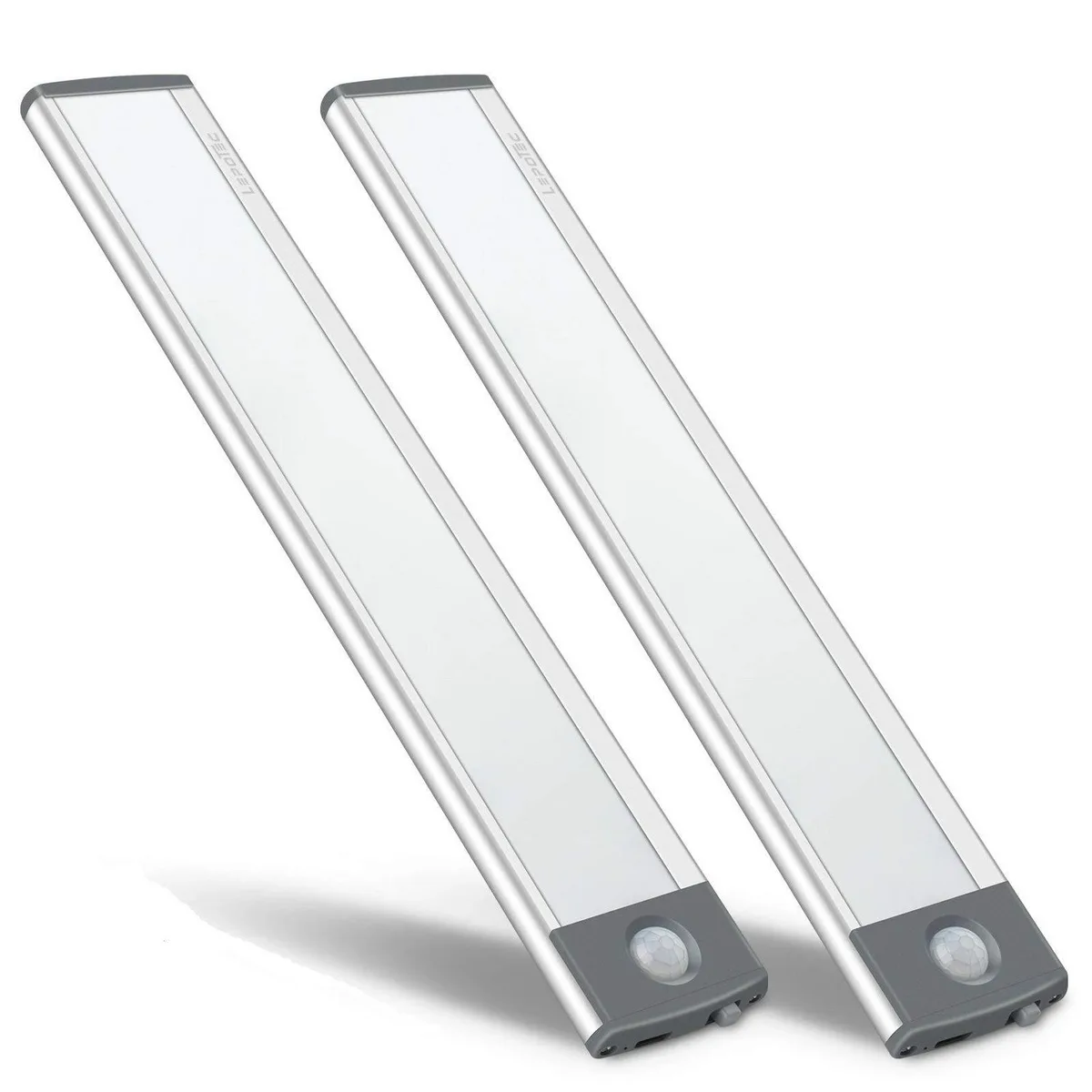Two slim silver aluminium bars with magnetic backs, 30 LEDs each, USB rechargeable