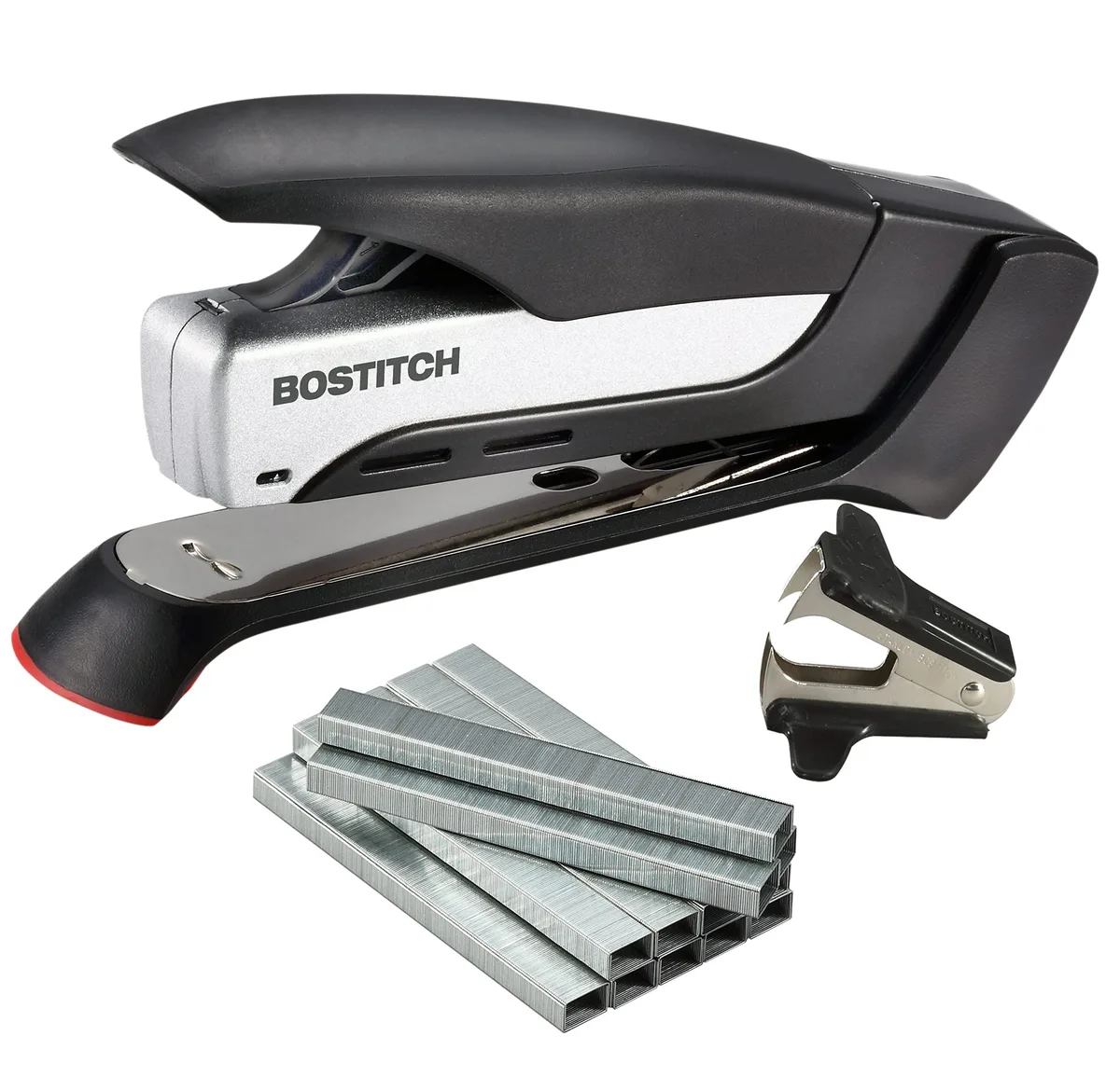 Silver desktop stapler with curved rubber grip and flat base