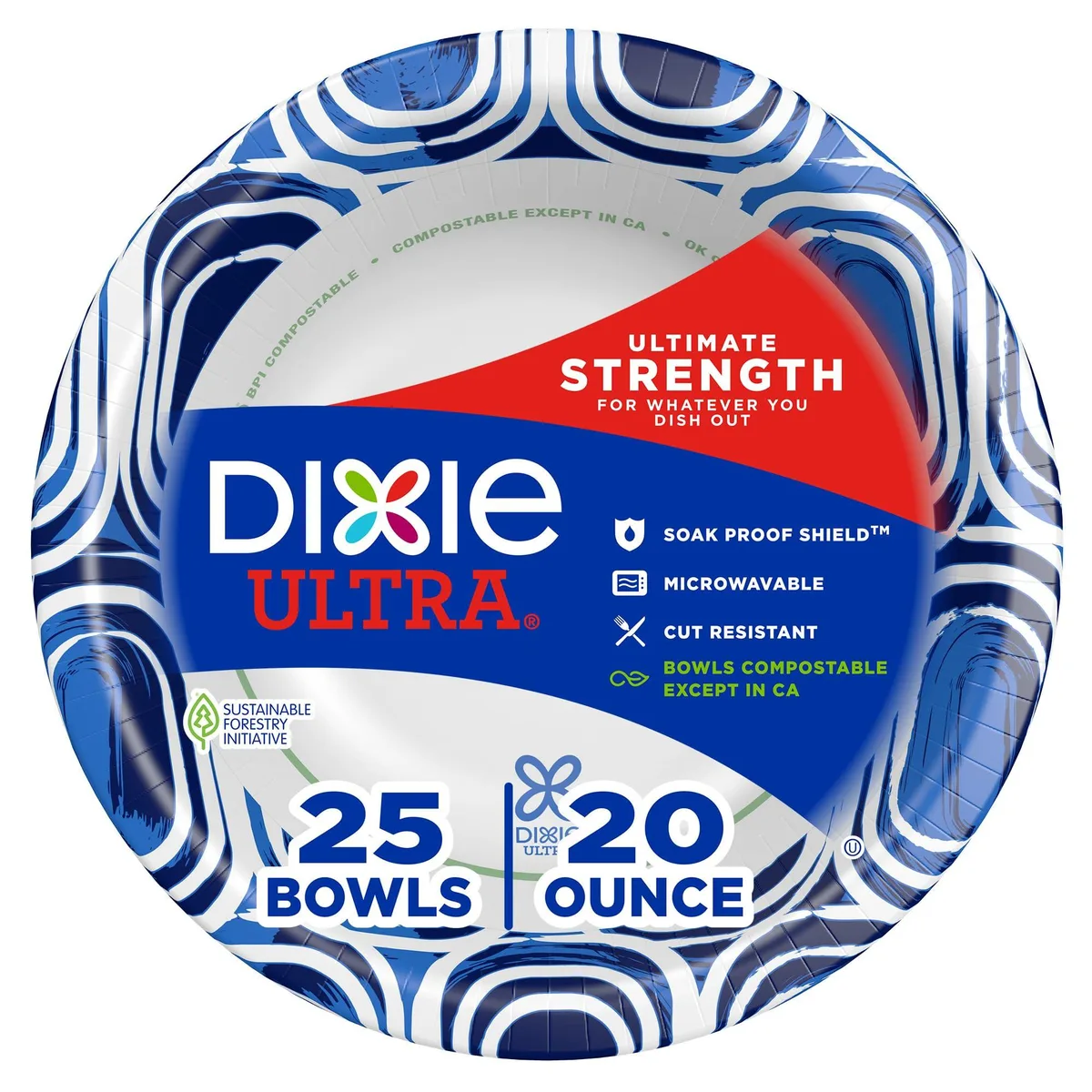 Blue round paper bowls, 25 count, 20oz capacity, soak proof shield design
