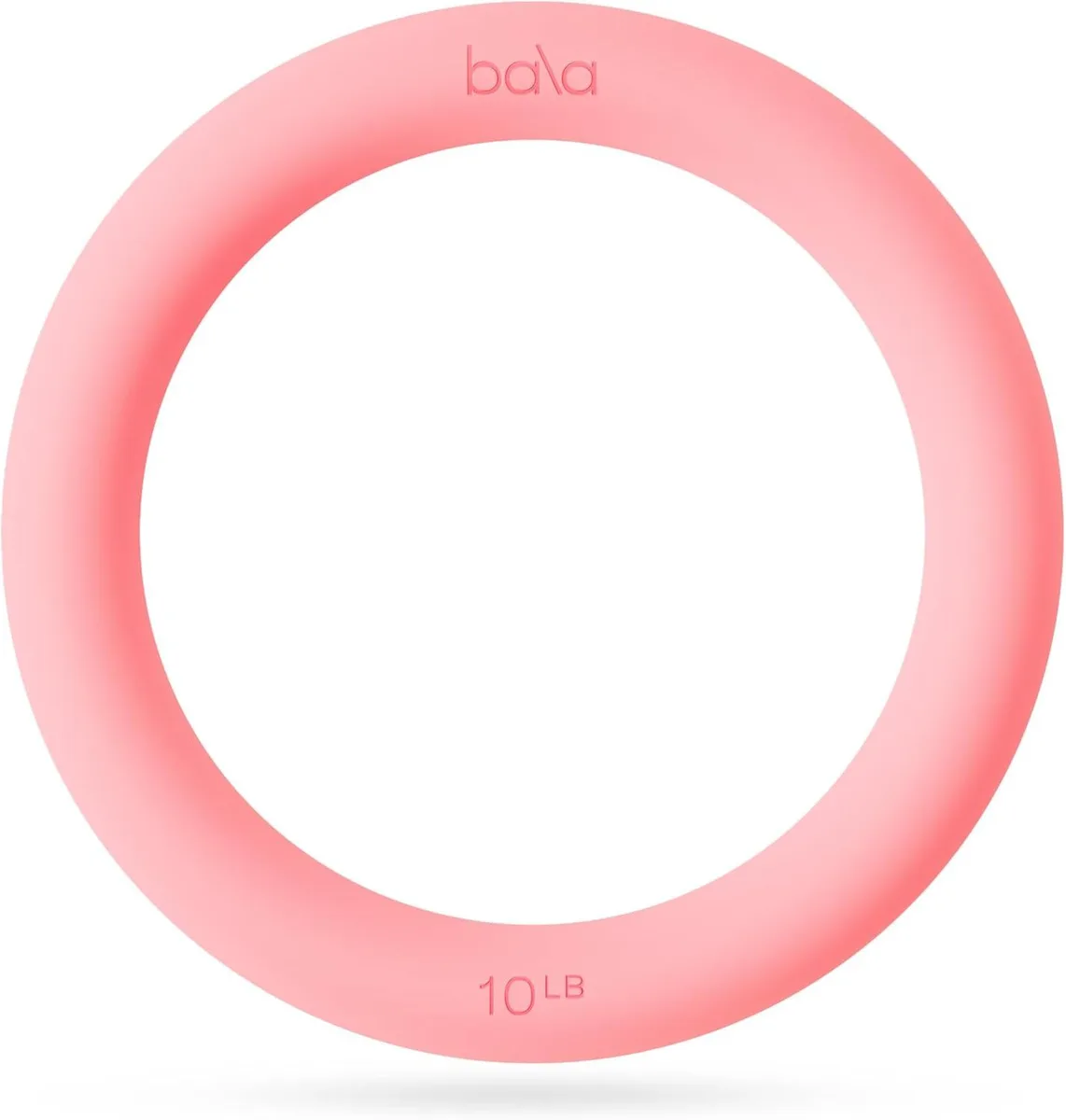 A circular 10 lb weight, 12 inches across, steel core wrapped in blush pink silicone