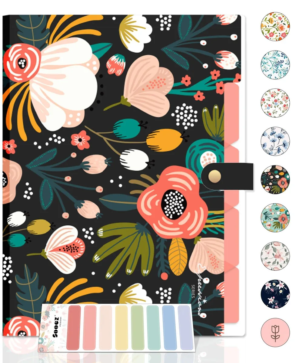 Black floral expanding file folder with five pockets and snap closure