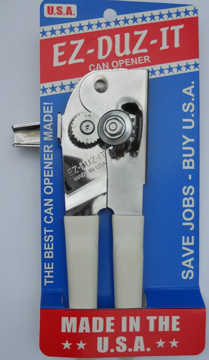 White manual can opener with carbon steel blade and rubberized handles