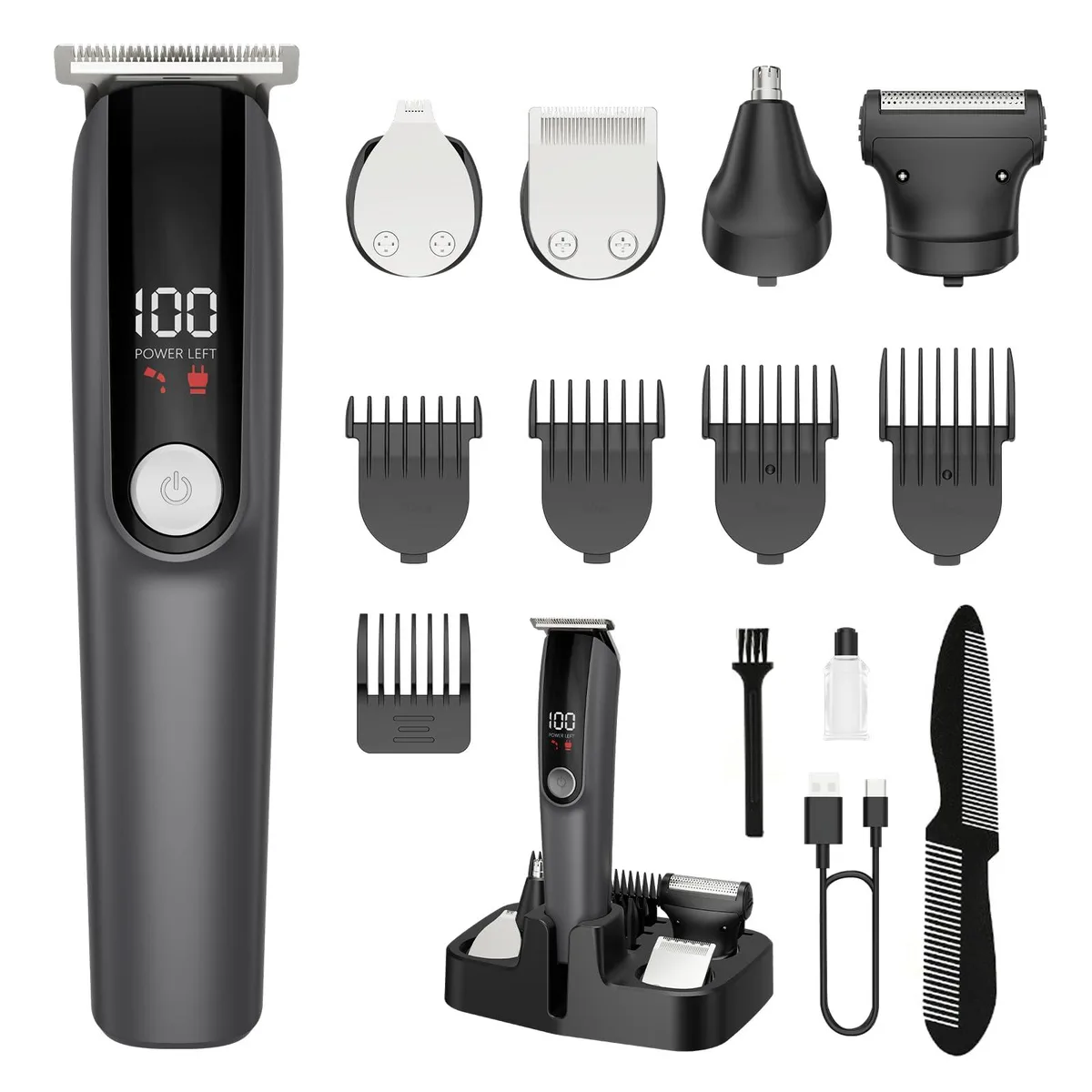 Black cordless grooming kit with five interchangeable heads and guide combs