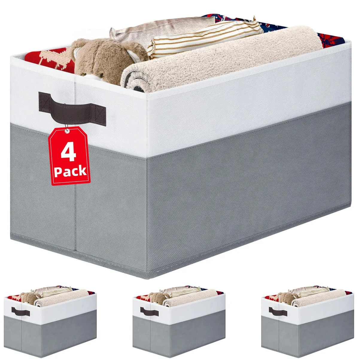 Four collapsible fabric storage baskets in two-tone grey with brown handles