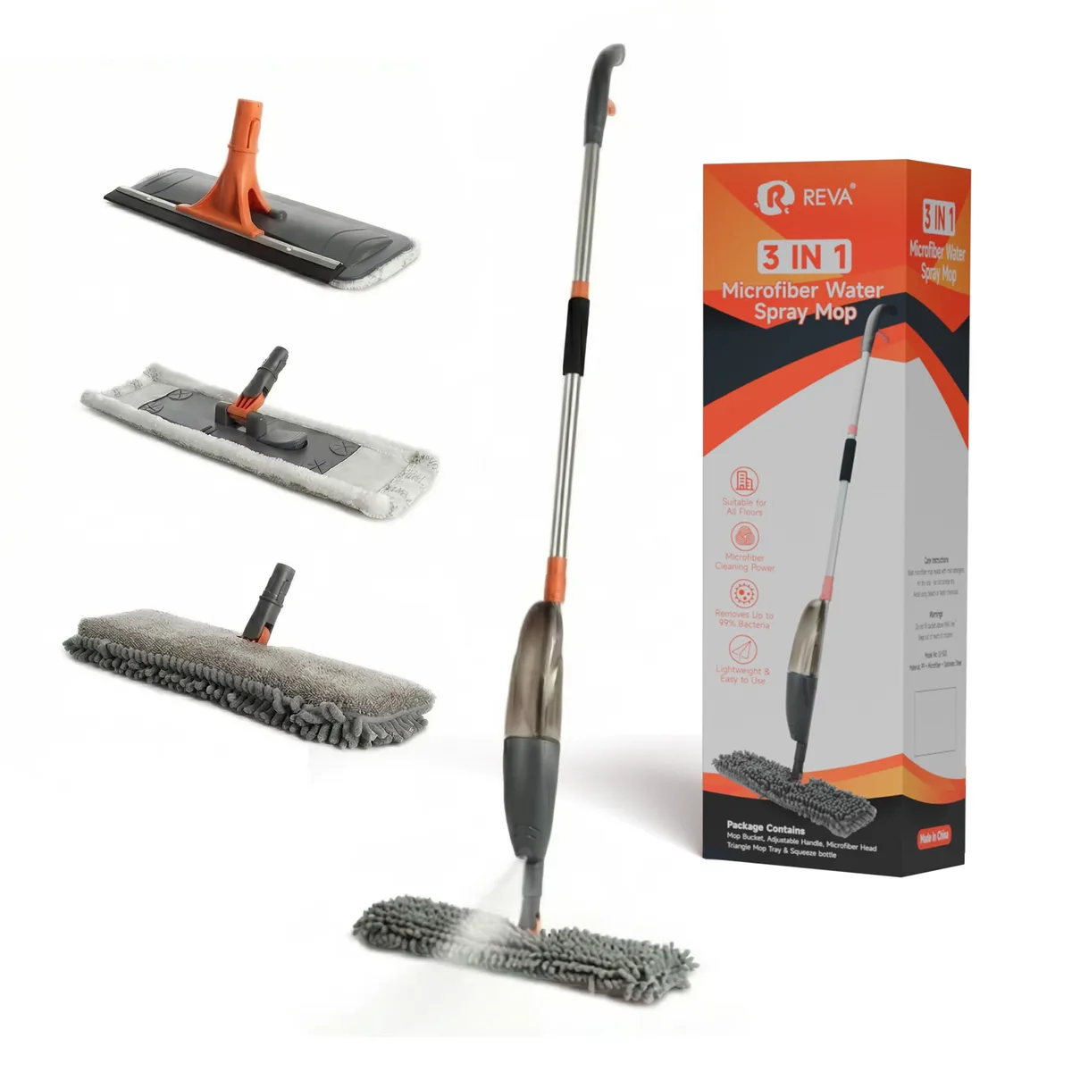 Lightweight aluminium spray mop with three interchangeable pads and built-in 520 ml tank