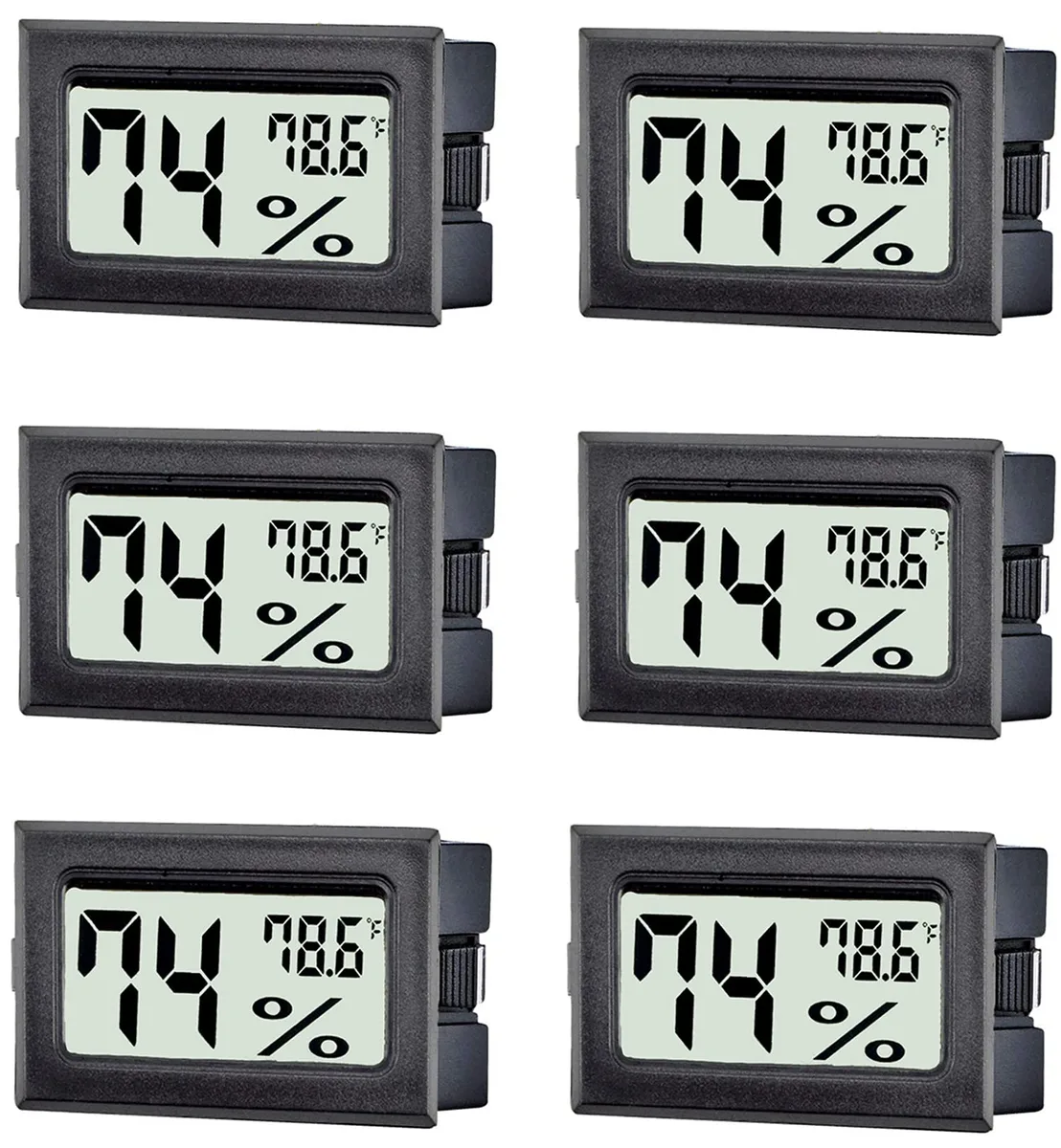 Six small black digital thermometers with LCD screens showing temperature and humidity
