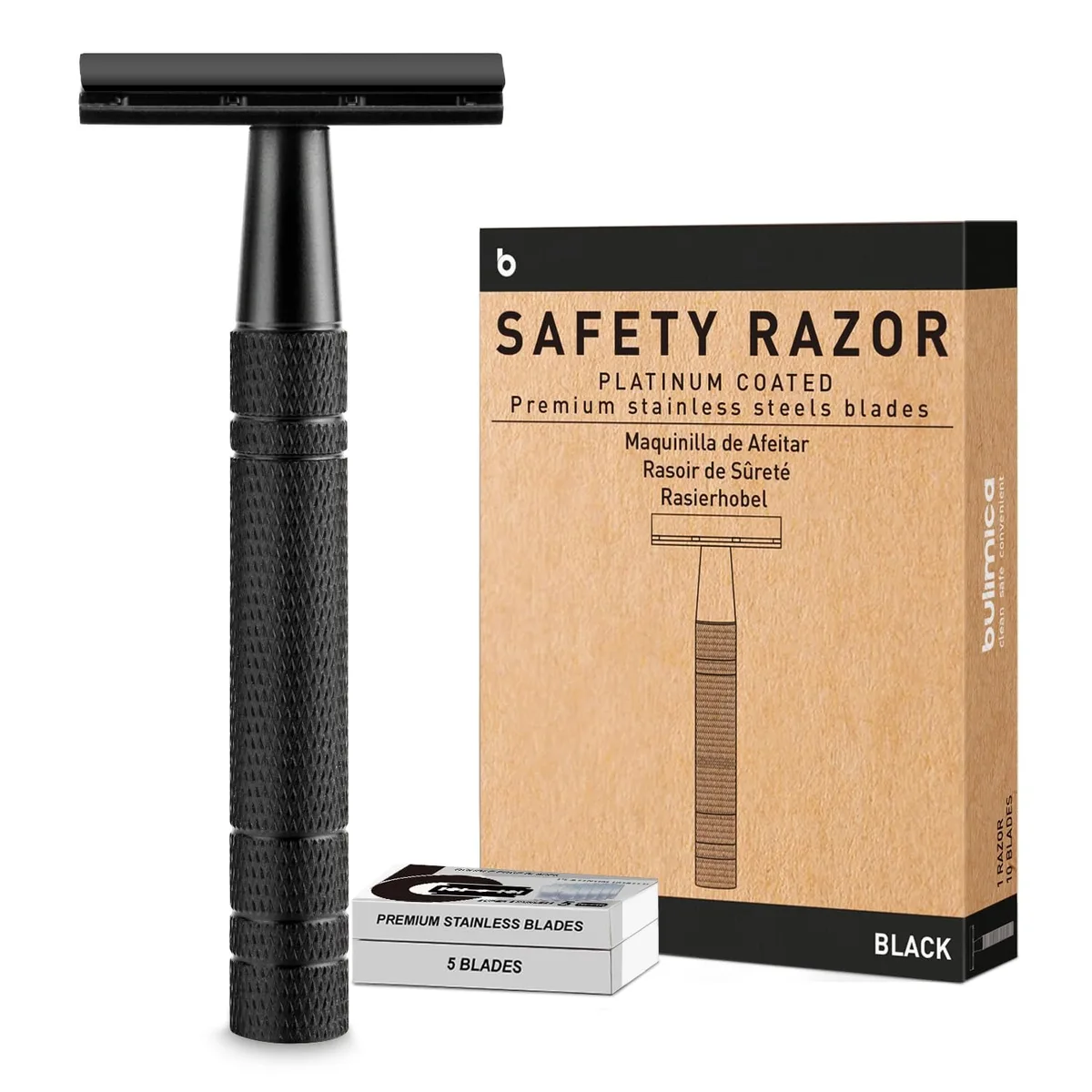 Matte black safety razor with ten double-edge blades