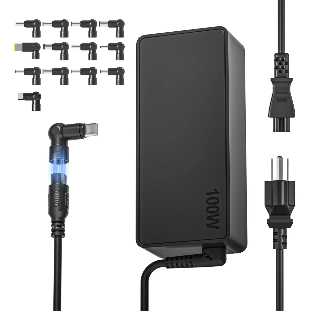 Compact black rectangular AC adapter with USB-C connector and interchangeable tip set