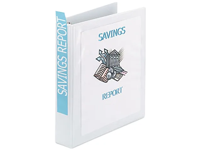 White 1.5 inch three-ring view binder with clear overlay covers and spine, back-mounted rings, two inside pockets, textured finish