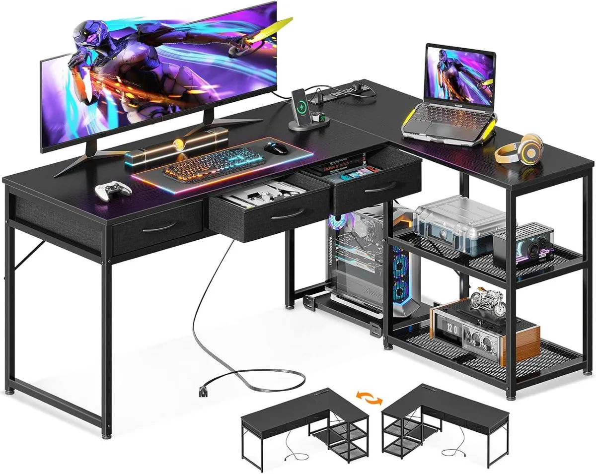BFKK BFKK 61" L-Shaped Desk with Drawers, USB Ports, Black — product photo