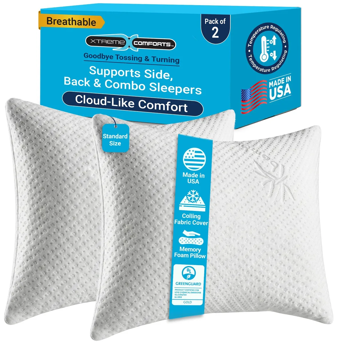 Two white standard memory foam pillows with bamboo-derived cooling covers