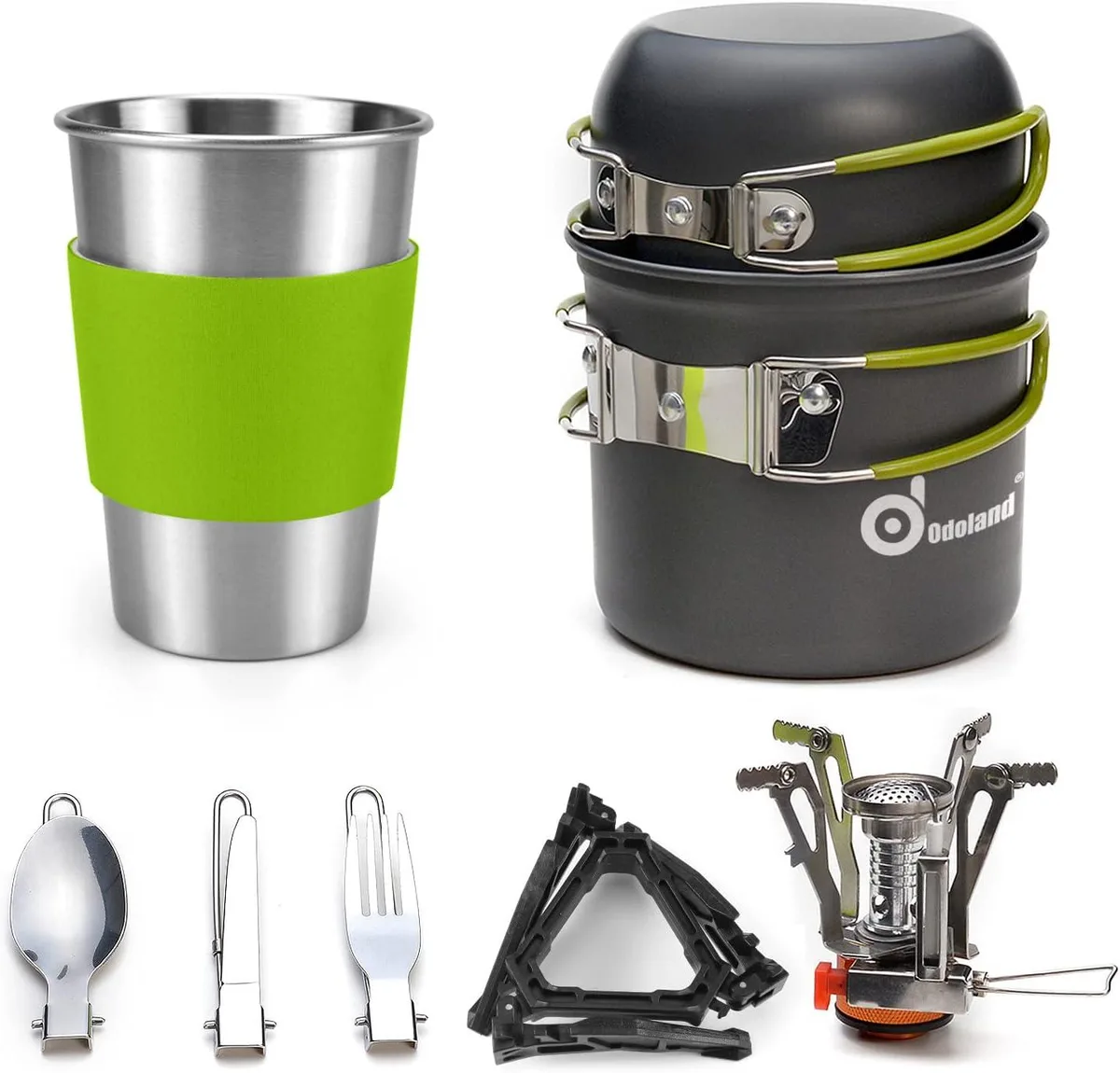 Nine-piece camping cookware kit with stove, two pots, utensils and 16oz cup