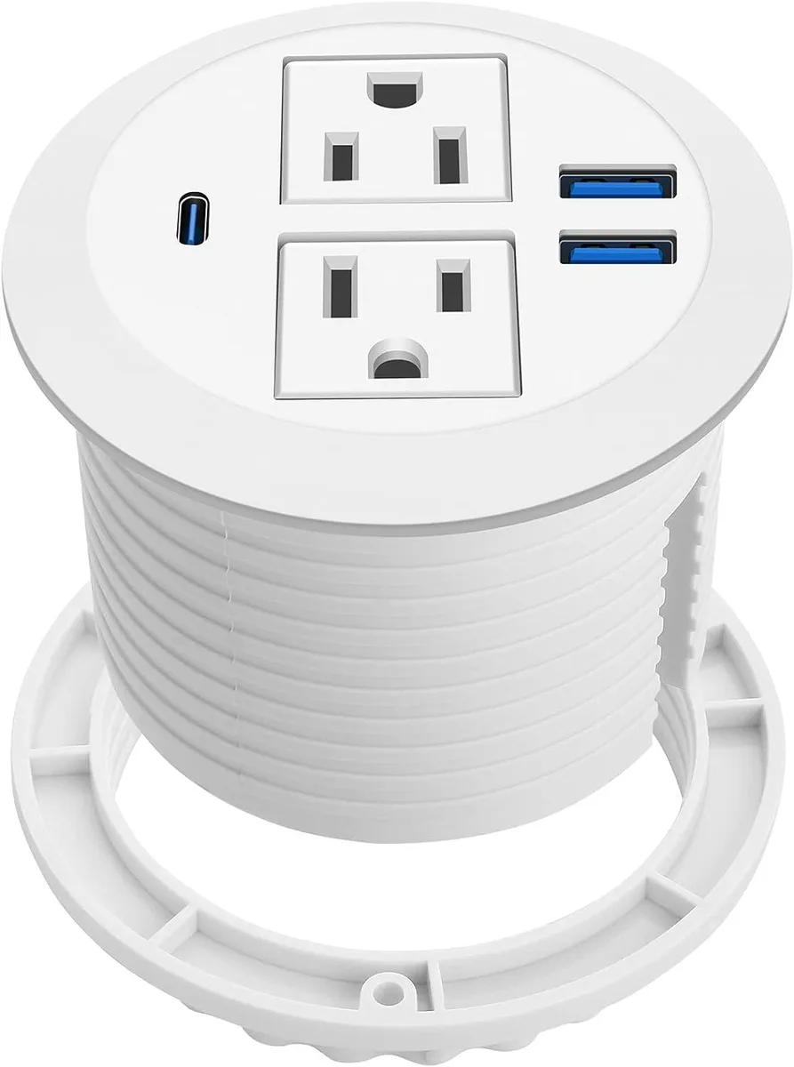 BFKK BFKK 2-in-1 Desktop Power Grommet White 125V 12A 2 AC 3 USB PD 20W USB-C — product photo