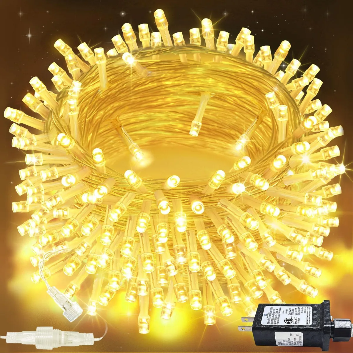 White wire string with 200 warm white LEDs spanning 82 feet