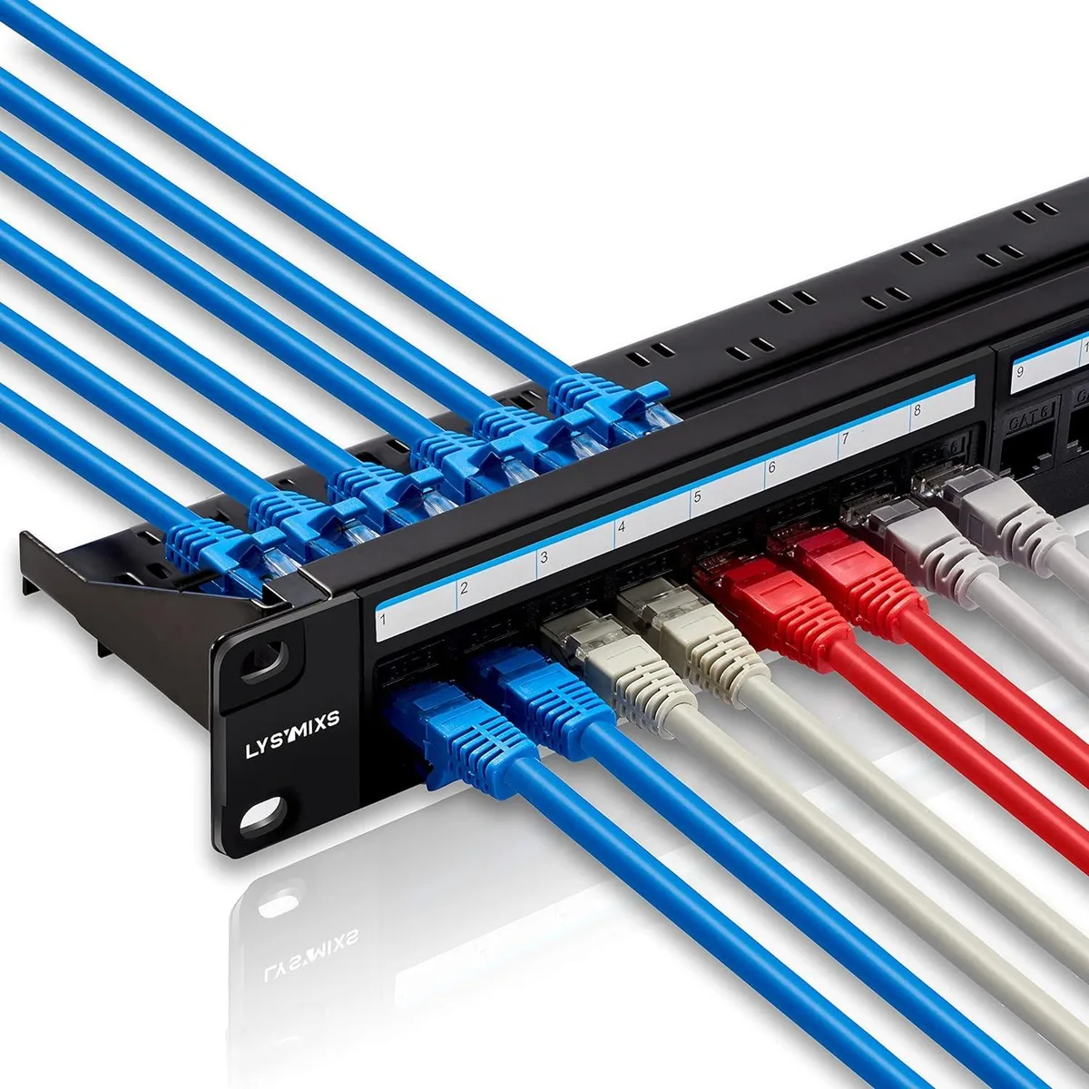 Silver 1U rack panel with 24 RJ45 ports and rear cable bar