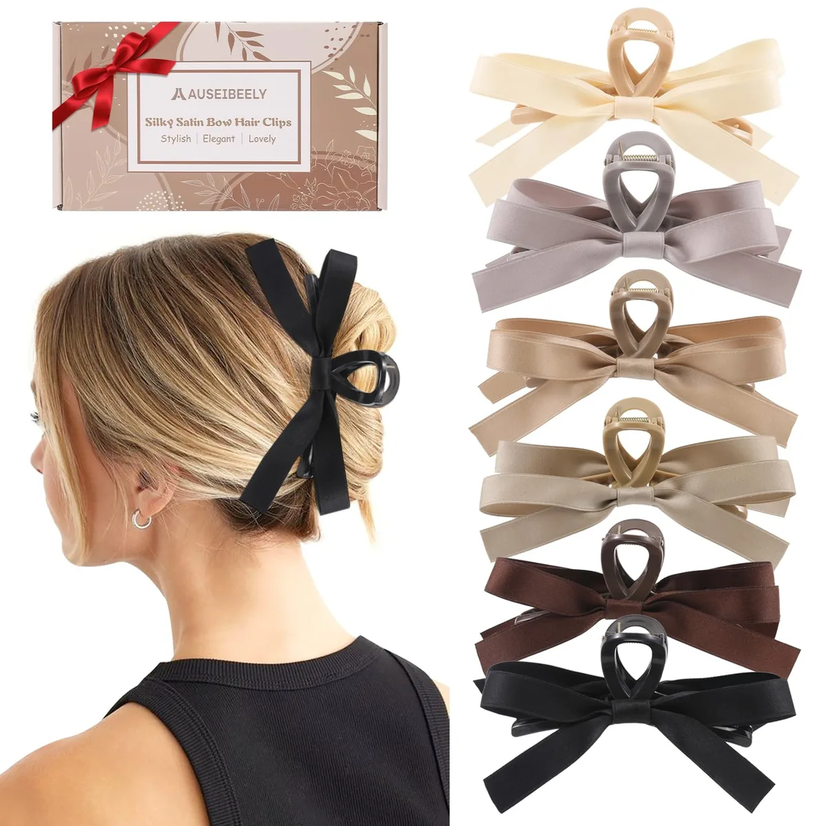  Auseibeely 6 PCS Silky Satin Bow Hair Clips — product photo