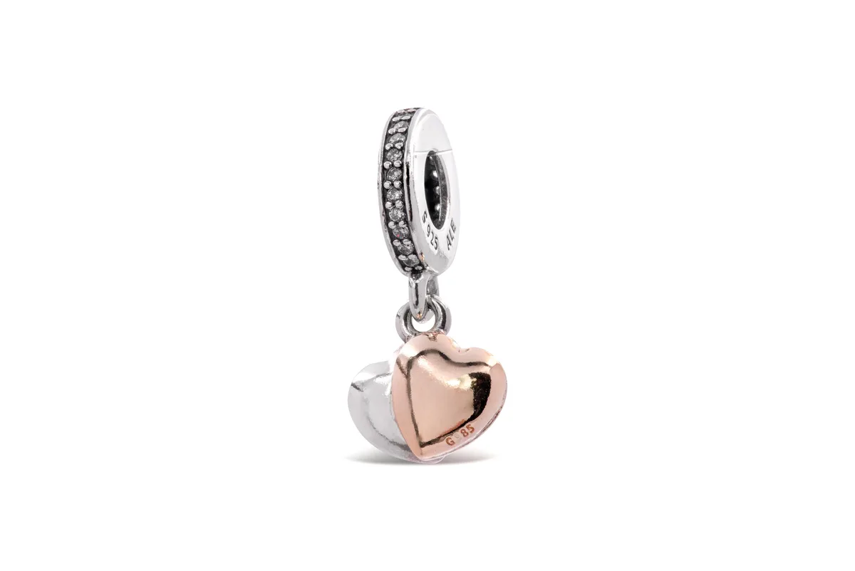 PANDORA PANDORA Two-Tone Double Heart Dangle Charm 14k Gold Sterling Silver Charm — product photo