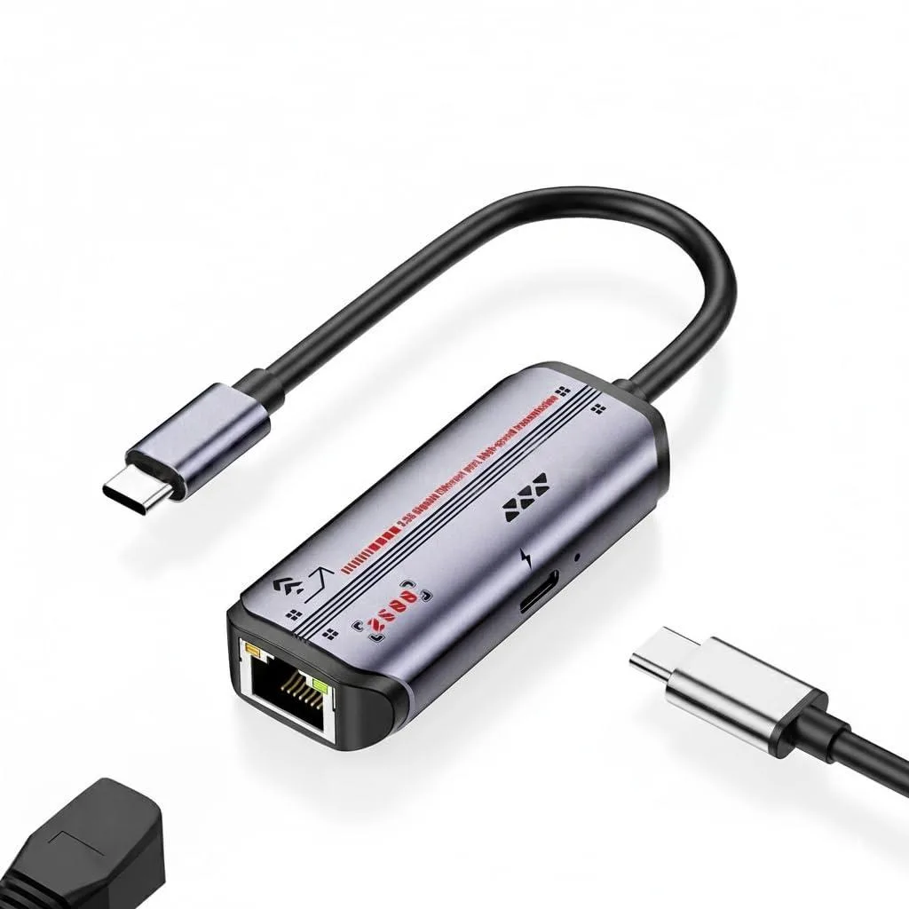 Silver-gray USB-C adapter with RJ45 port and PD charging pass-through