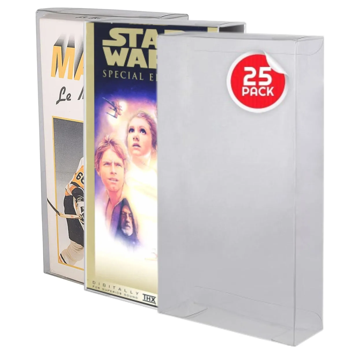 Clear PET plastic VHS cassette protector case, 0.35 mm thick, rectangular clamshell form, glossy transparent finish