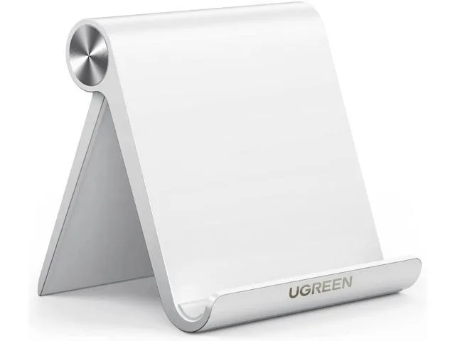 White adjustable tablet stand with foldable ABS frame and silicone pads, shown holding a device upright on a desk