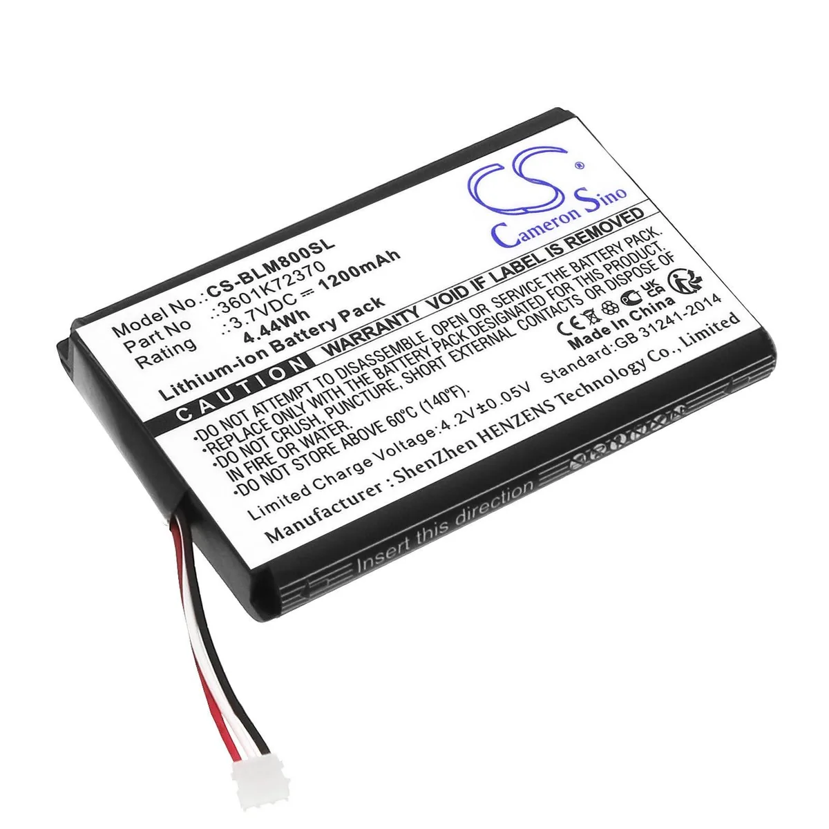 Rectangular lithium polymer battery with printed labels and connector visible