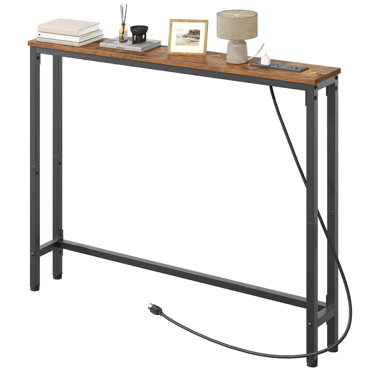 Rustic brown rectangular console table with black metal frame and built-in power strip visible