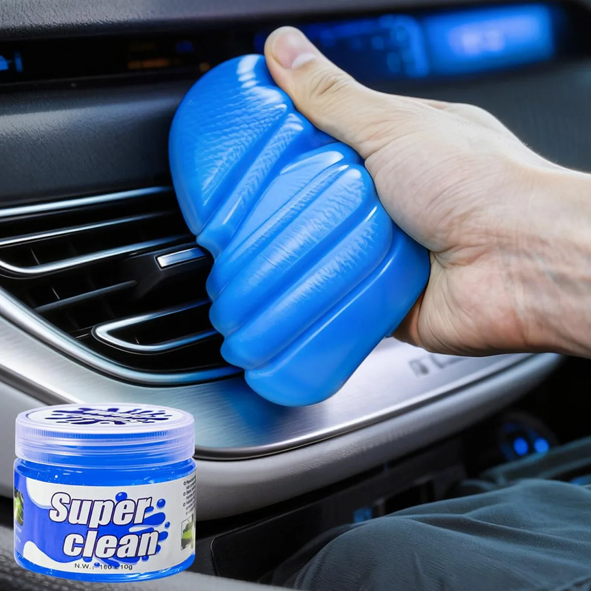 Blue cleaning gel in a jar, 5.6oz, reusable putty for car interior dust removal