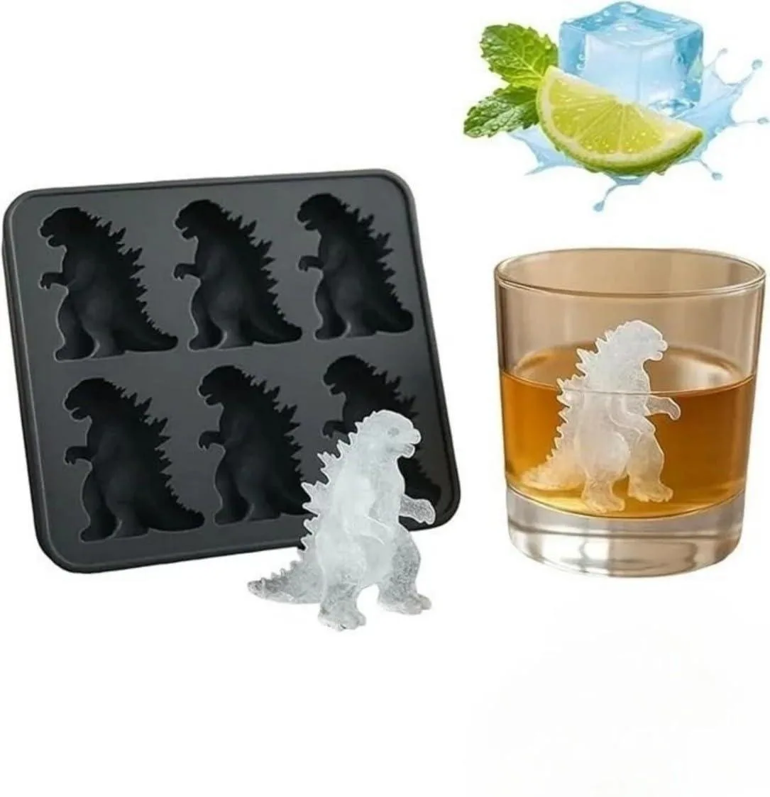 Black flexible silicone tray with six dinosaur-shaped cavities