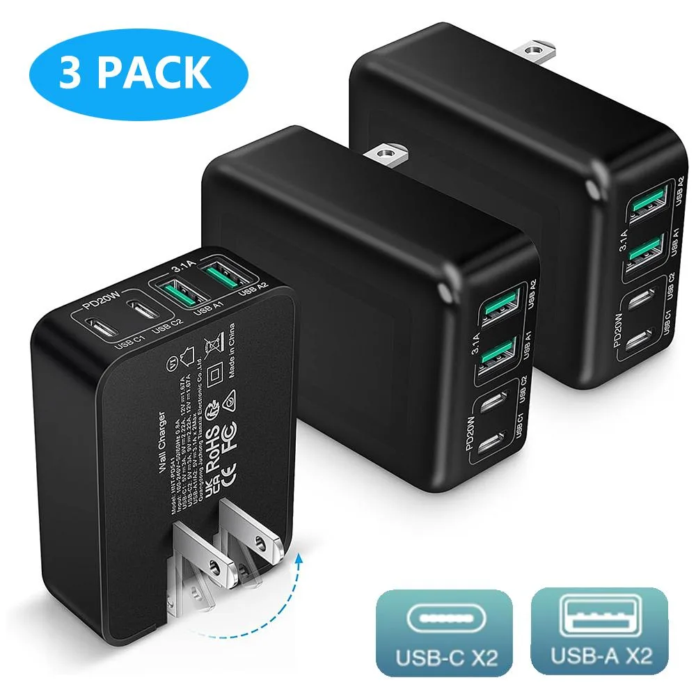 AUTYUE AUTYUE 3-Pack 40W 4-Port USB-C Wall Charger Black — product photo
