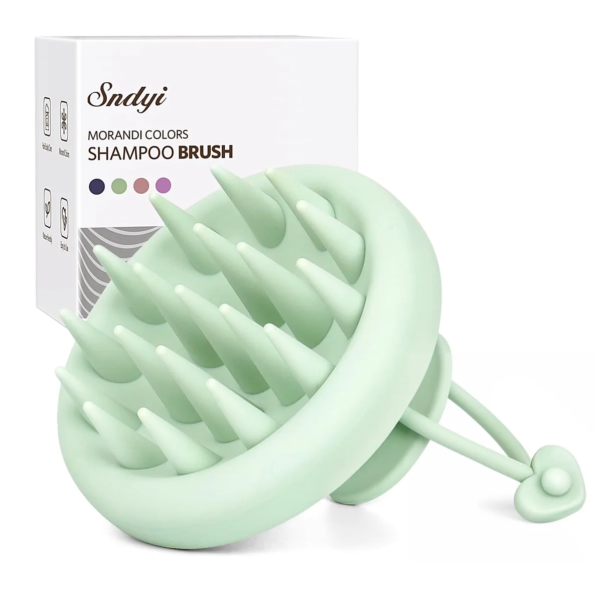 Mint green silicone scalp massager with long soft bristles and ergonomic handle