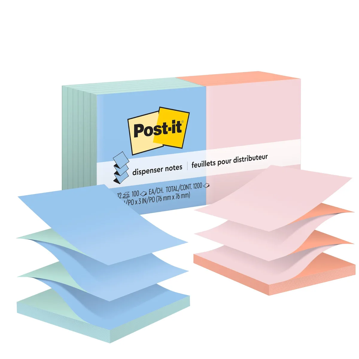 Box of 12 square pop-up note pads in alternating pastel colors