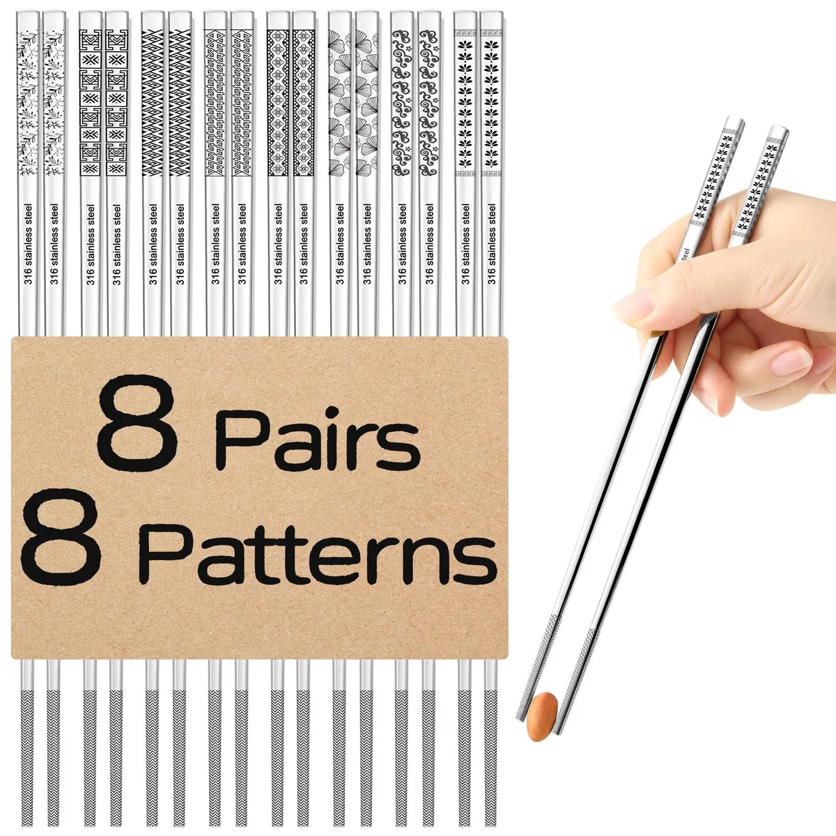 Eight pairs of silver stainless steel chopsticks, square handles, laser-etched patterns, 9.25 inches long