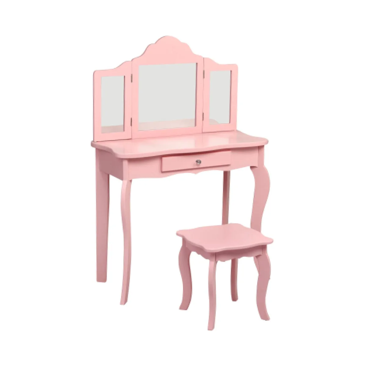 Pink vanity table with tri-fold mirror, stool, and drawer