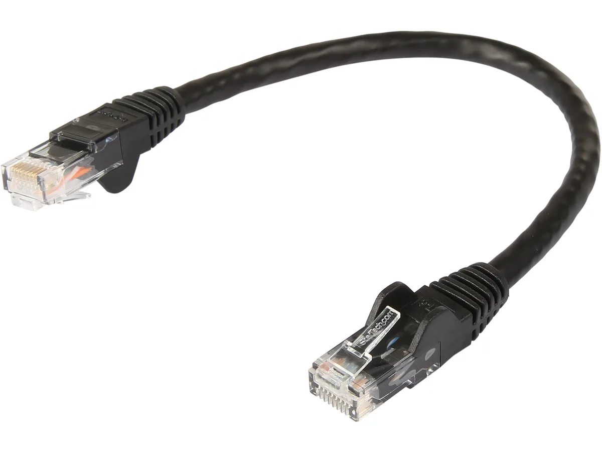 Short black Cat6 patch cable with snagless RJ45 connectors