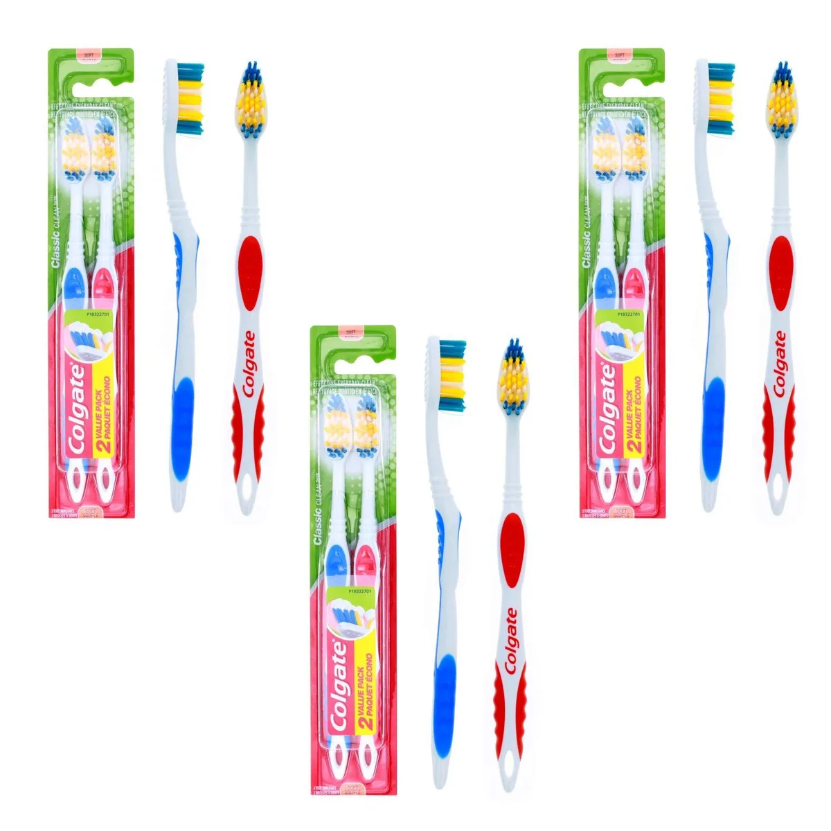 Six battery-powered toothbrushes in blue, green and red with built-in tongue scrapers