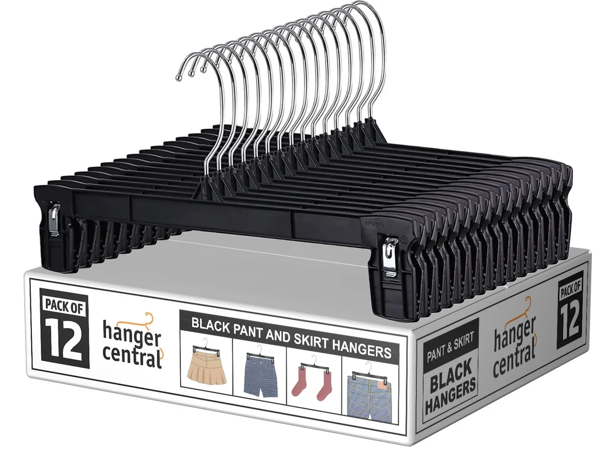 Twelve black plastic clip hangers with chrome swivel hooks