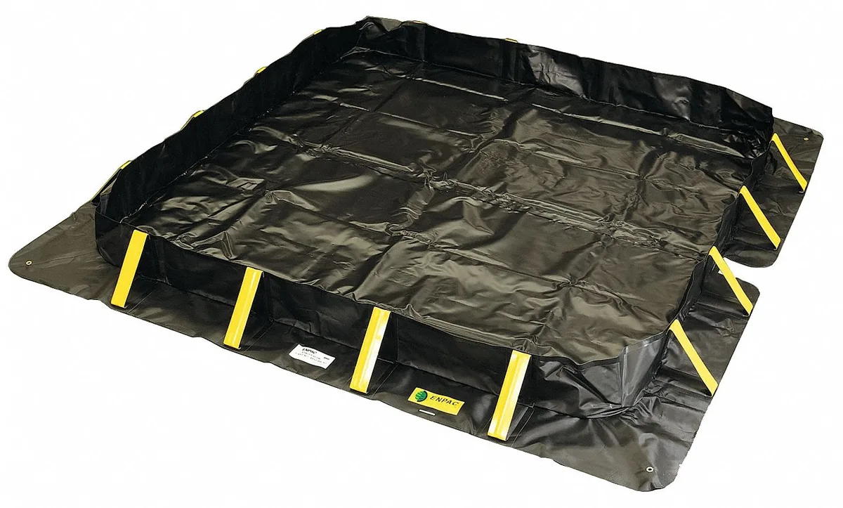 Black rectangular containment berm with yellow trim, collapsible sidewalls, folded for storage