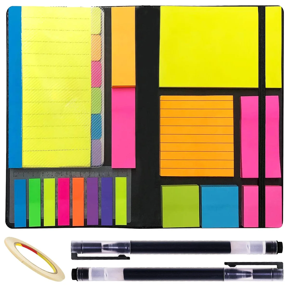 A leather-bound booklet holding multicoloured sticky notes and index tabs in assorted sizes