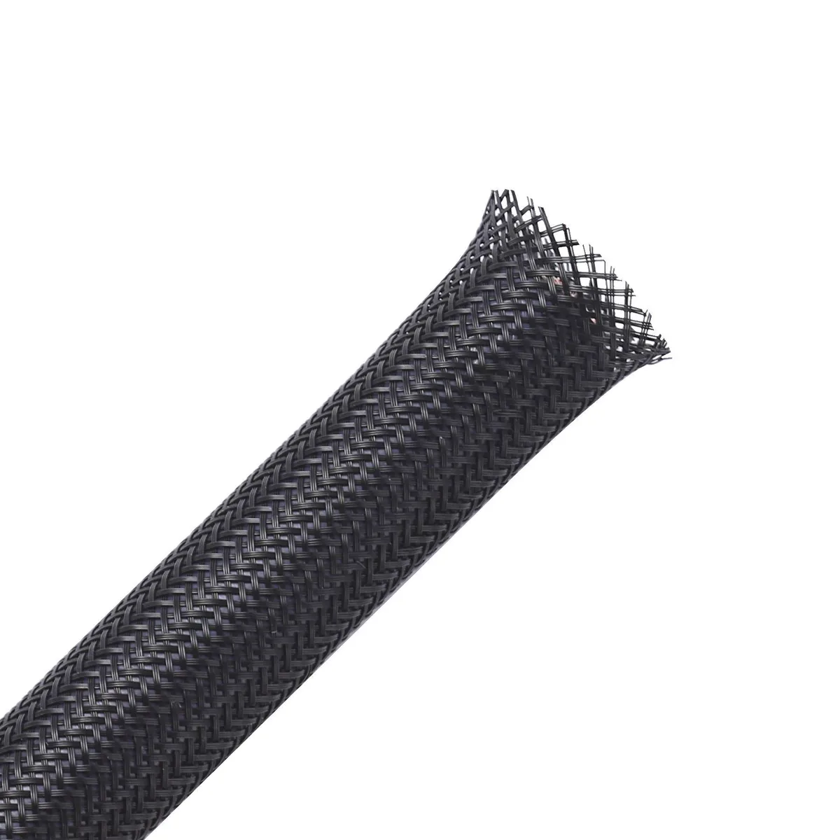 Two black PET braided sleeving coils, 1/4in and 1/2in diameter, 25ft each