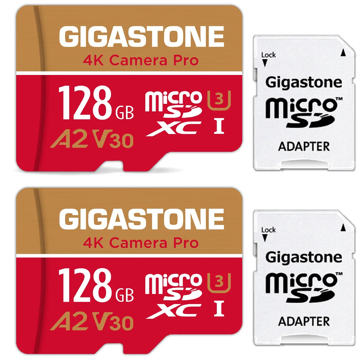 Gigastone Corporation Gigastone 128-4-2 128GB 2-Pack MicroSDXC A2 U3 V30 memory card — product photo